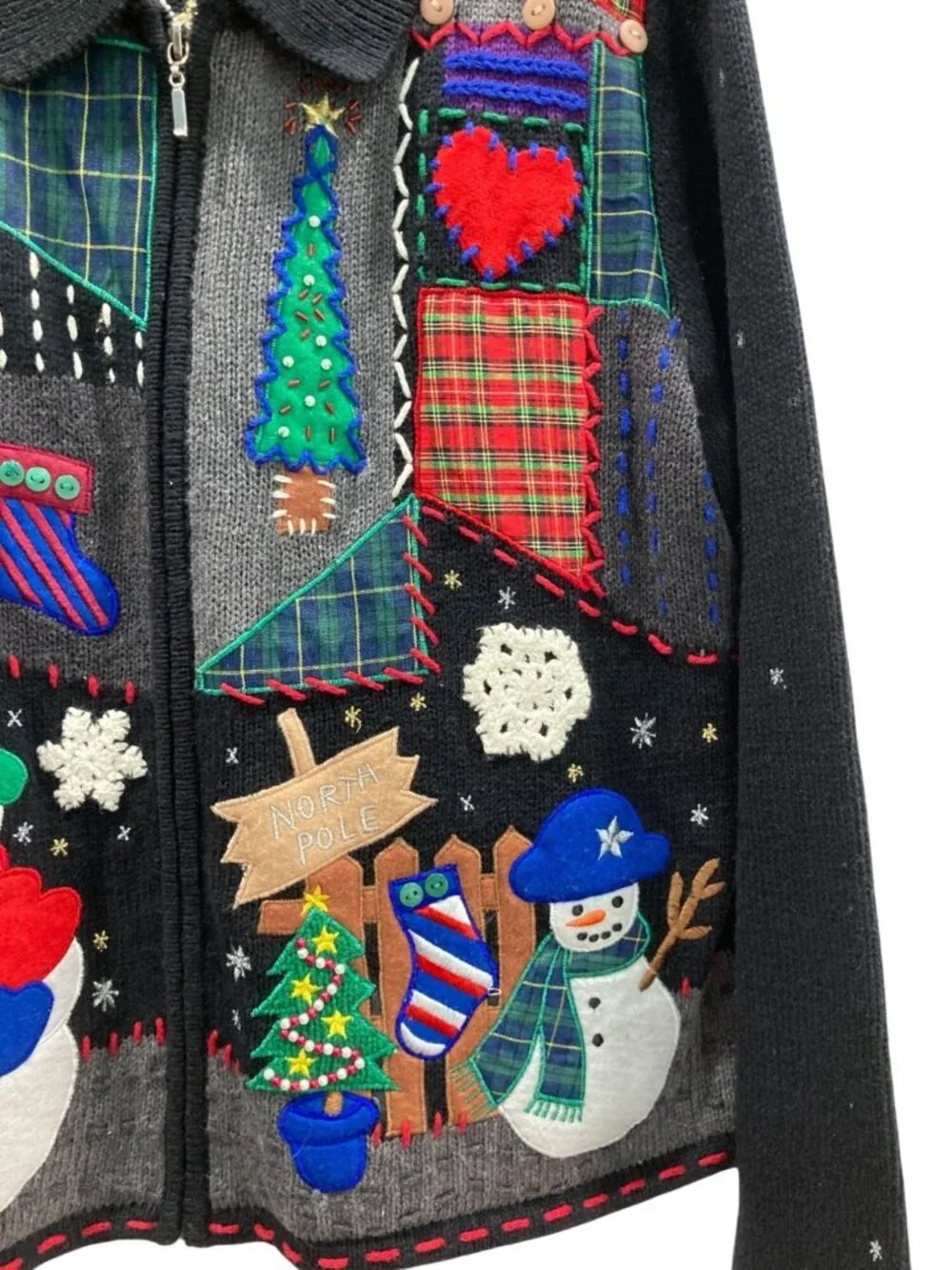 Designers Studio Patchwork Christmas Cardigan PL Black Sweater Snowman Holiday